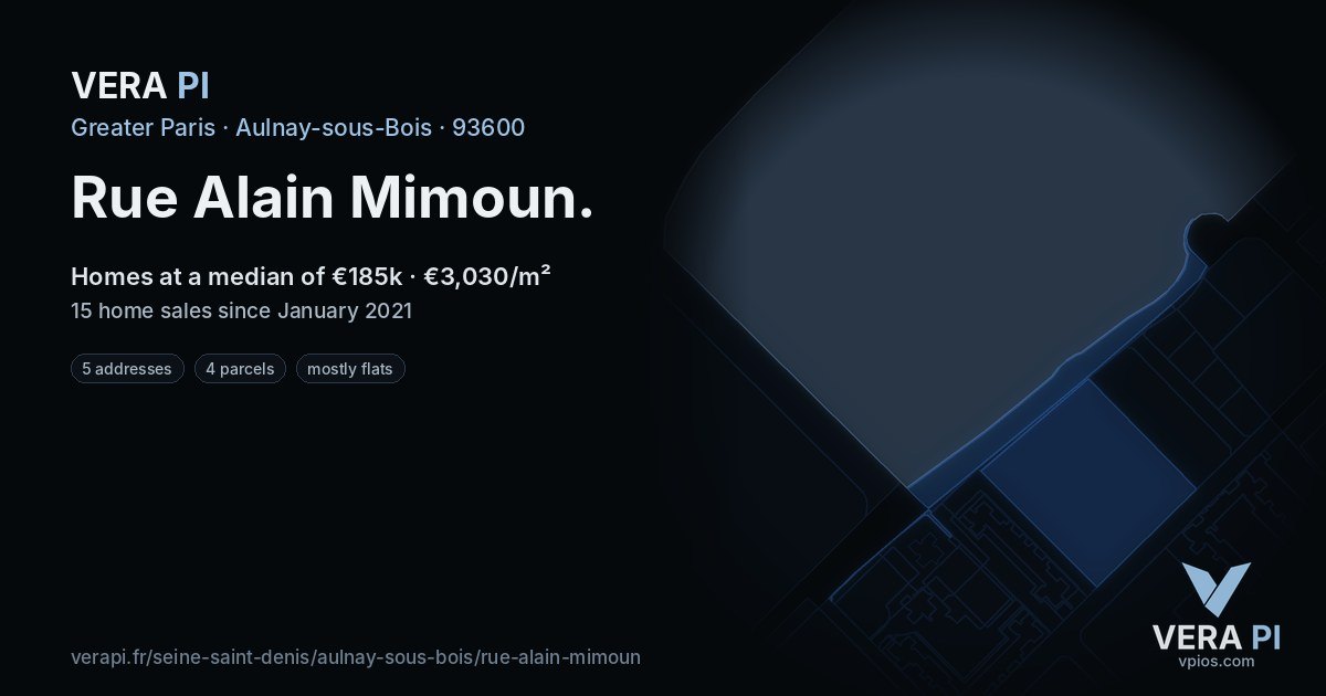 Rue Alain Mimoun, Aulnay-sous-Bois at night – every parcel coloured by the prices around it, the street's own parcels lit
