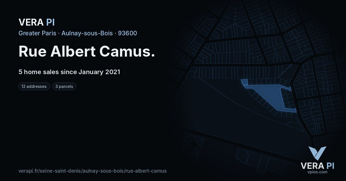 Rue Albert Camus, Aulnay-sous-Bois at night – every parcel coloured by the prices around it, the street's own parcels lit