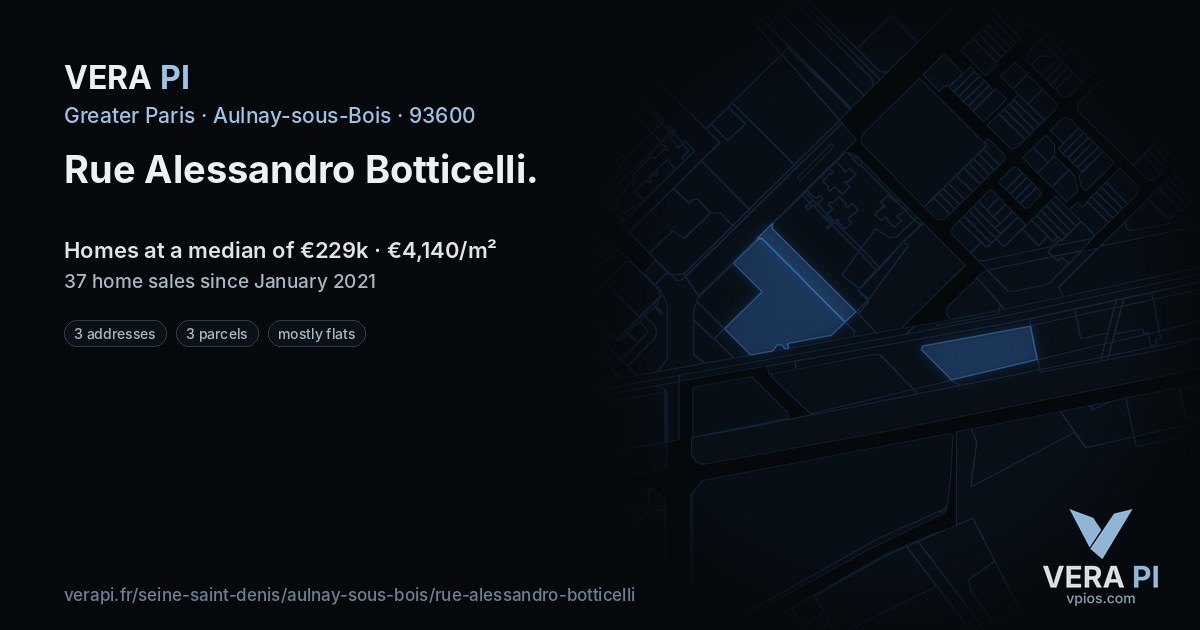 Rue Alessandro Botticelli, Aulnay-sous-Bois at night – every parcel coloured by the prices around it, the street's own parcels lit
