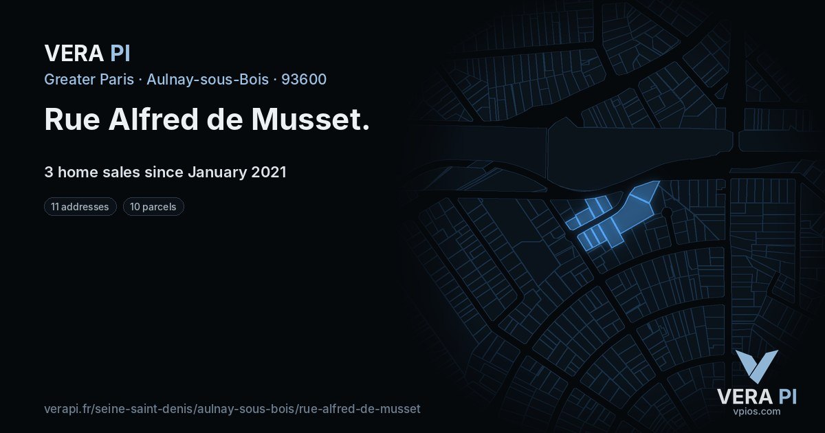 Rue Alfred de Musset, Aulnay-sous-Bois at night – every parcel coloured by the prices around it, the street's own parcels lit