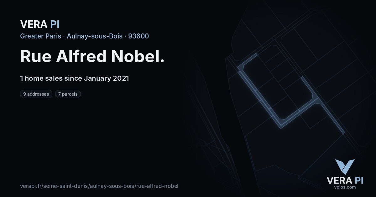 Rue Alfred Nobel, Aulnay-sous-Bois at night – every parcel coloured by the prices around it, the street's own parcels lit