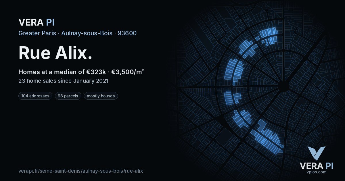Rue Alix, Aulnay-sous-Bois at night – every parcel coloured by the prices around it, the street's own parcels lit