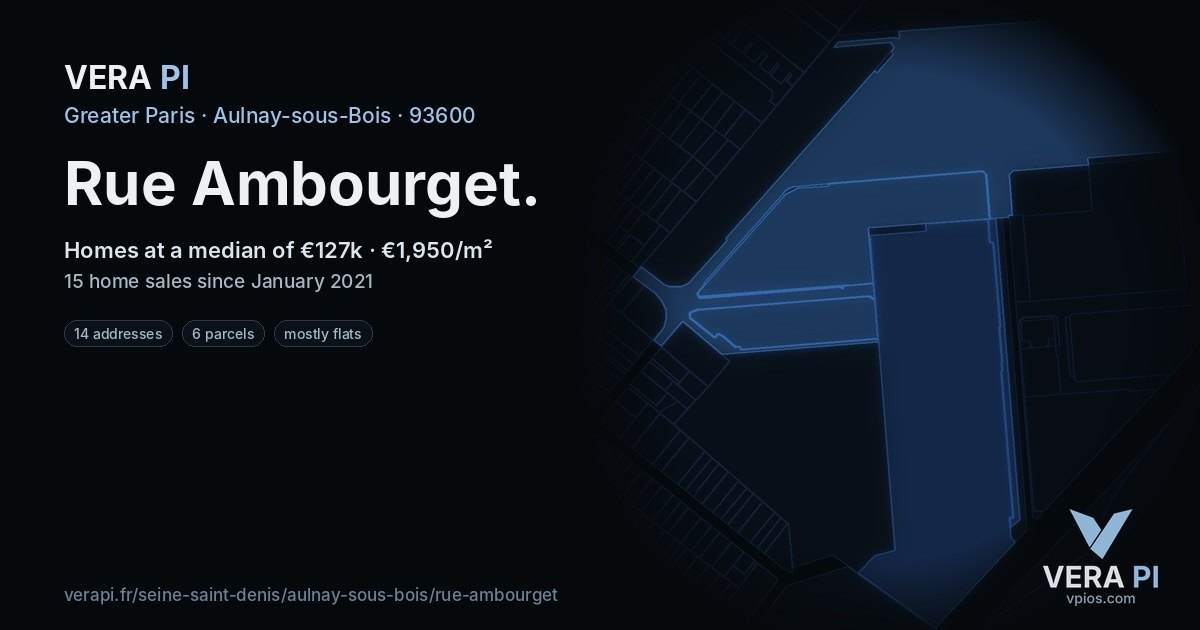 Rue Ambourget, Aulnay-sous-Bois at night – every parcel coloured by the prices around it, the street's own parcels lit