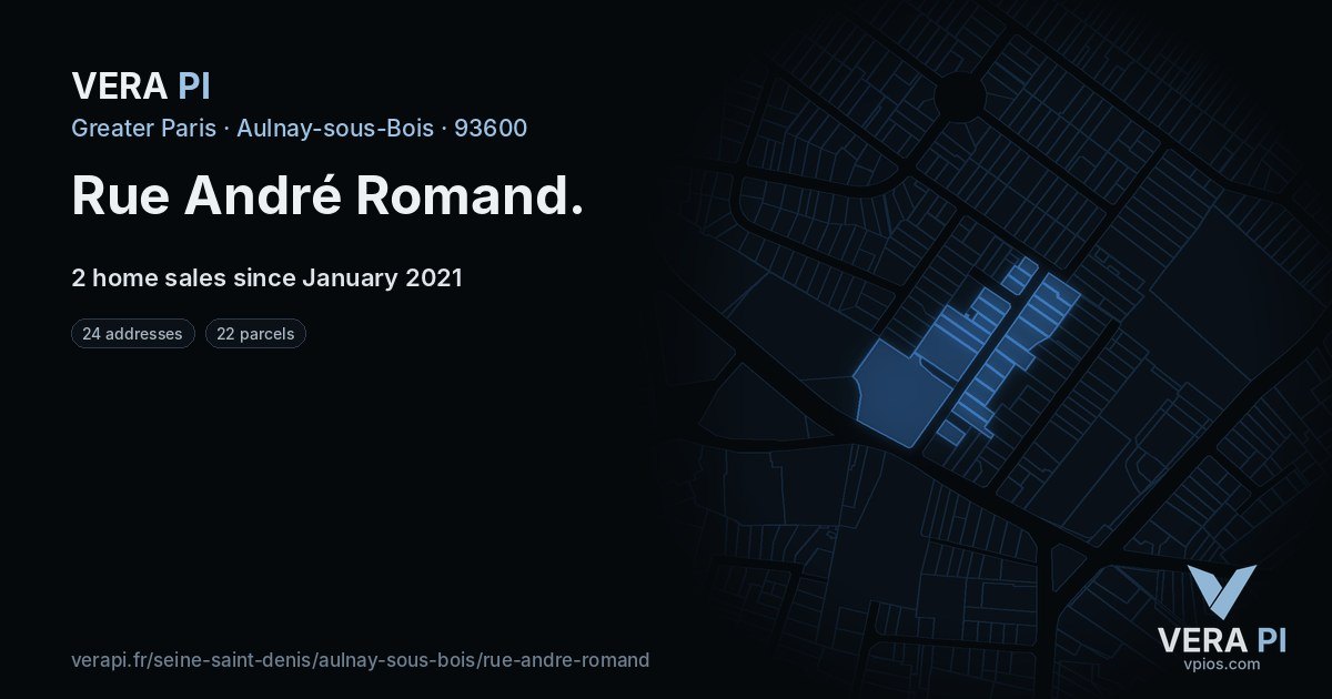 Rue André Romand, Aulnay-sous-Bois at night – every parcel coloured by the prices around it, the street's own parcels lit