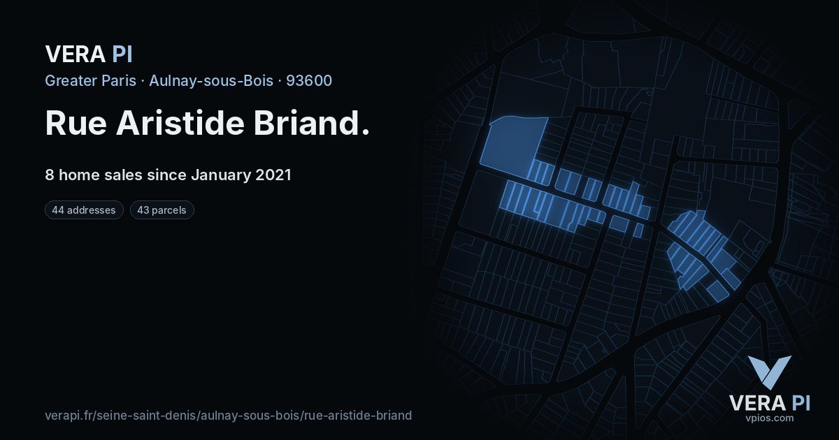 Rue Aristide Briand, Aulnay-sous-Bois at night – every parcel coloured by the prices around it, the street's own parcels lit