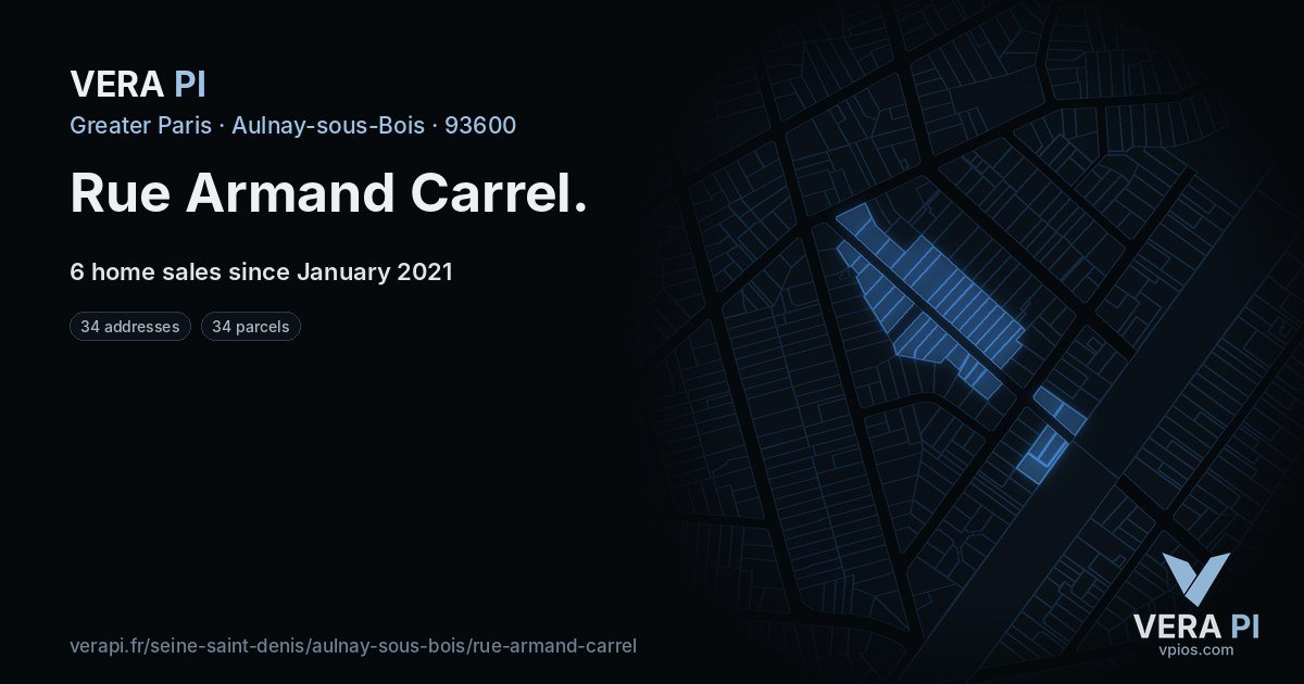 Rue Armand Carrel, Aulnay-sous-Bois at night – every parcel coloured by the prices around it, the street's own parcels lit
