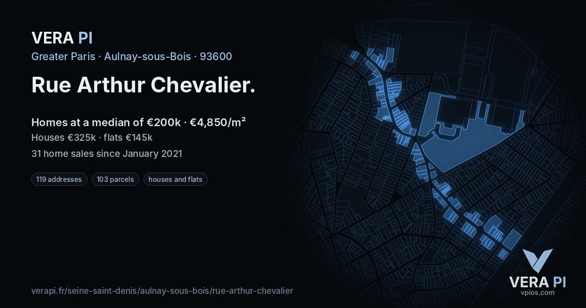 Rue Arthur Chevalier, Aulnay-sous-Bois at night – every parcel coloured by the prices around it, the street's own parcels lit