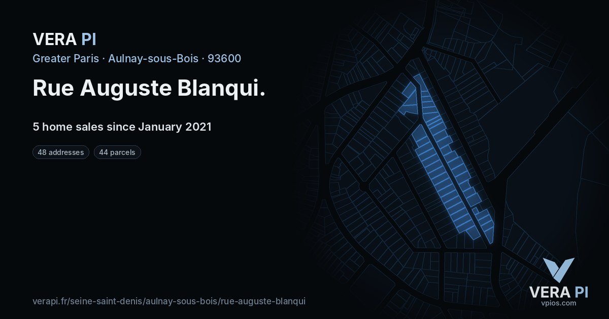 Rue Auguste Blanqui, Aulnay-sous-Bois at night – every parcel coloured by the prices around it, the street's own parcels lit