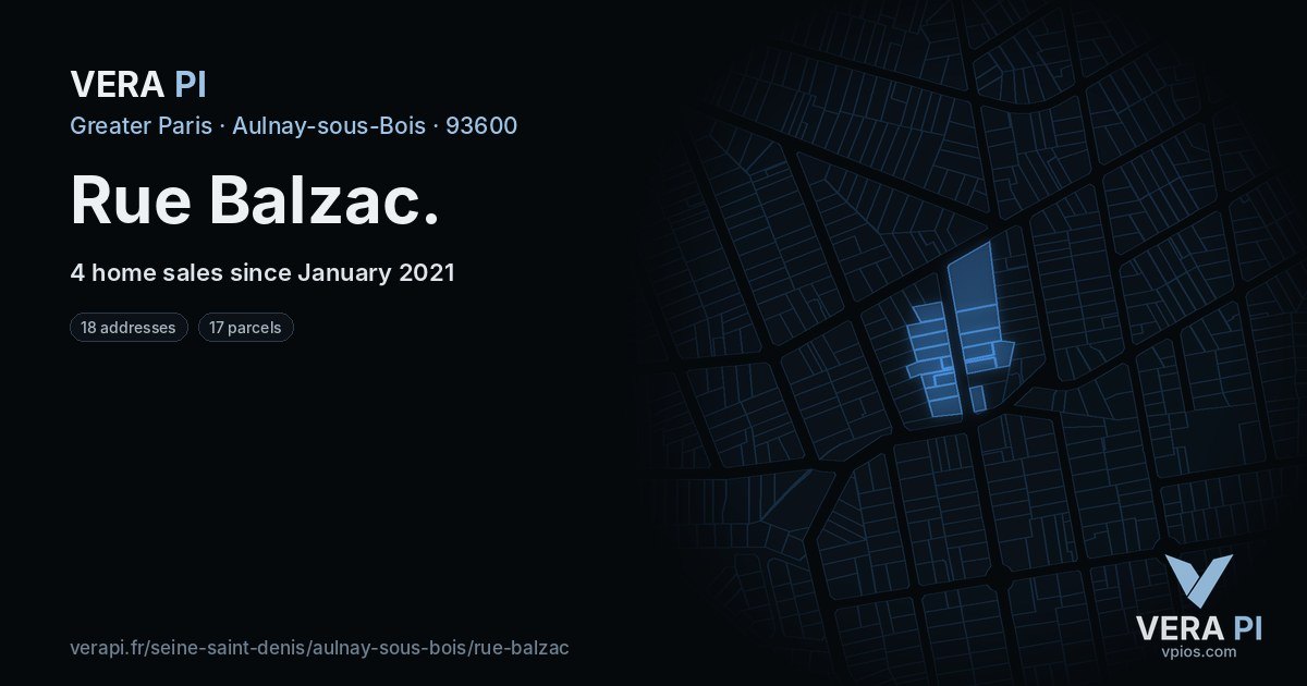 Rue Balzac, Aulnay-sous-Bois at night – every parcel coloured by the prices around it, the street's own parcels lit