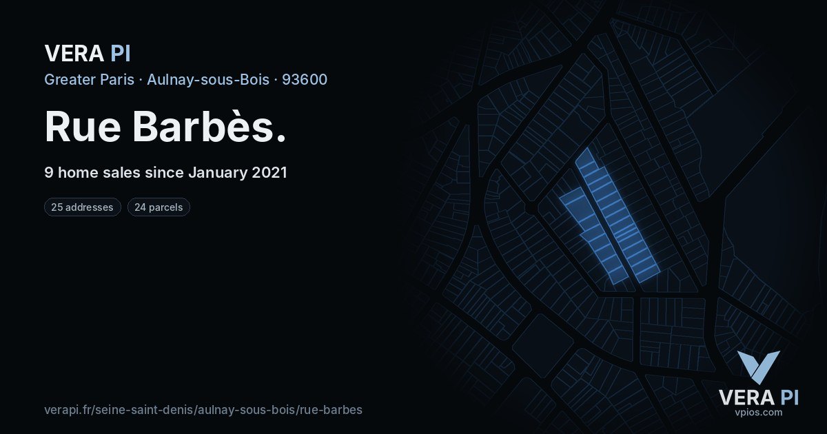 Rue Barbès, Aulnay-sous-Bois at night – every parcel coloured by the prices around it, the street's own parcels lit