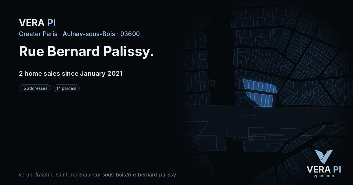 Rue Bernard Palissy, Aulnay-sous-Bois at night – every parcel coloured by the prices around it, the street's own parcels lit