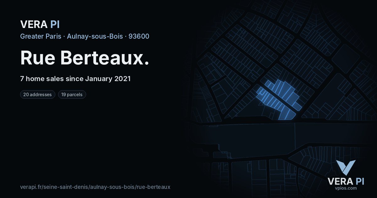 Rue Berteaux, Aulnay-sous-Bois at night – every parcel coloured by the prices around it, the street's own parcels lit