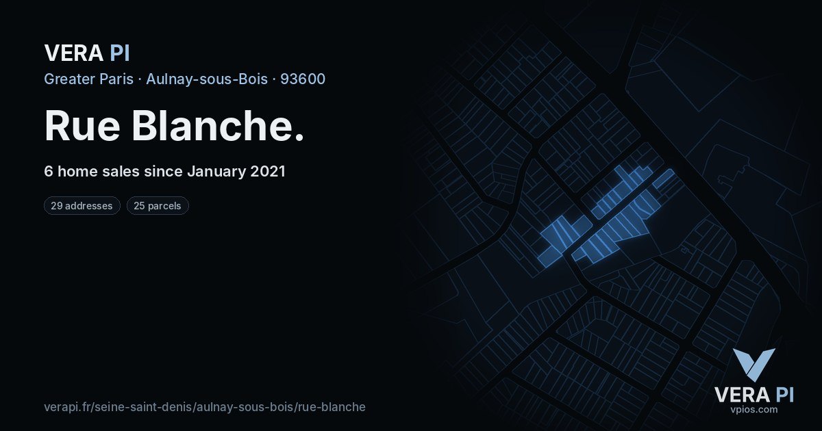 Rue Blanche, Aulnay-sous-Bois at night – every parcel coloured by the prices around it, the street's own parcels lit