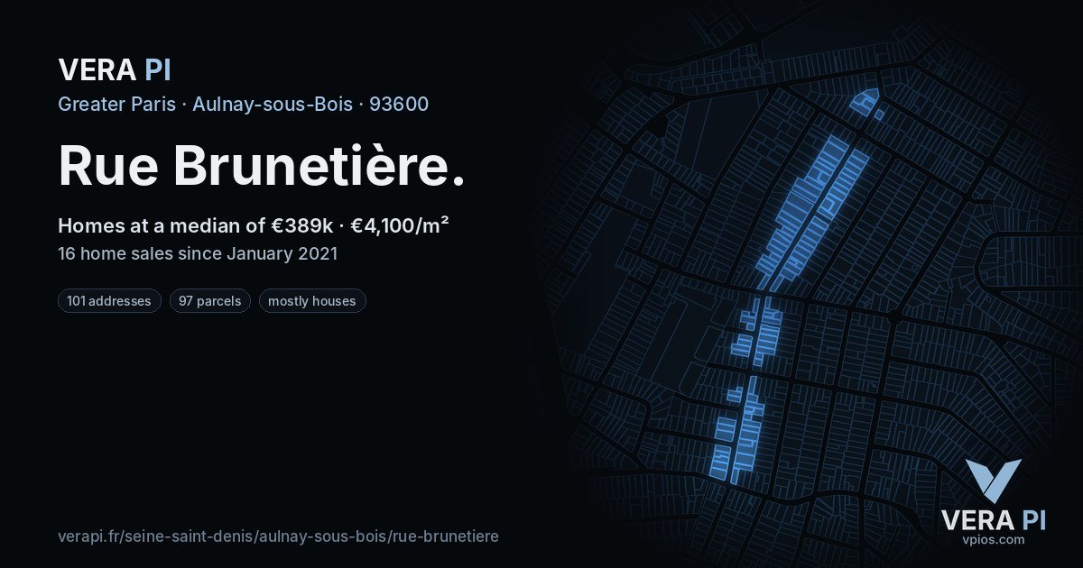 Rue Brunetière, Aulnay-sous-Bois at night – every parcel coloured by the prices around it, the street's own parcels lit