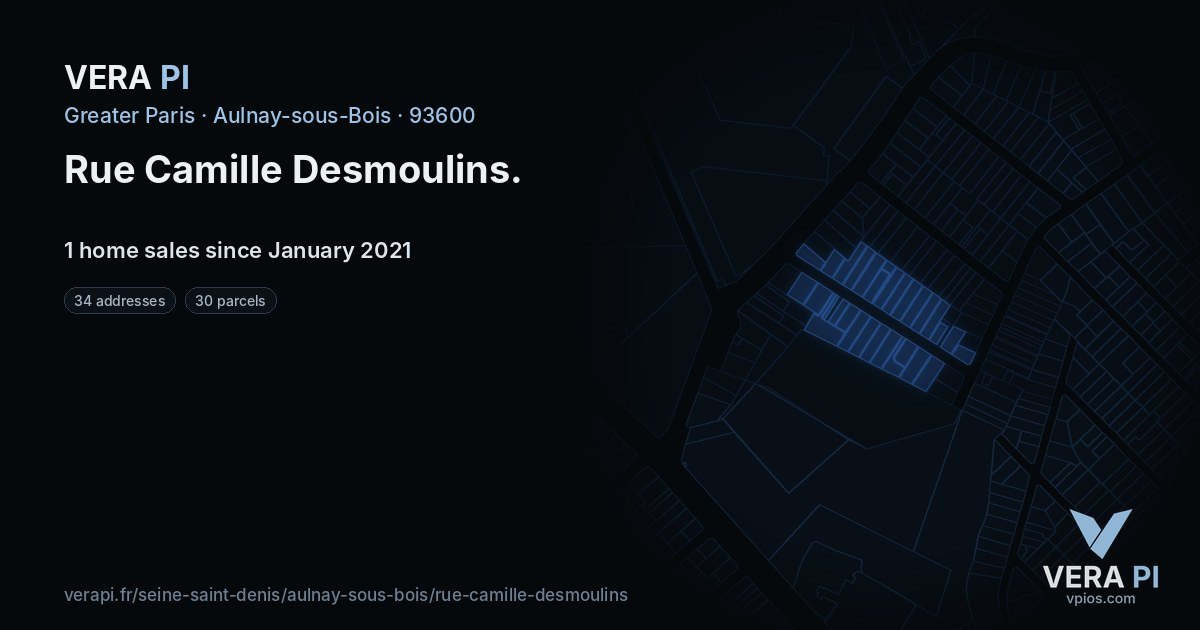 Rue Camille Desmoulins, Aulnay-sous-Bois at night – every parcel coloured by the prices around it, the street's own parcels lit