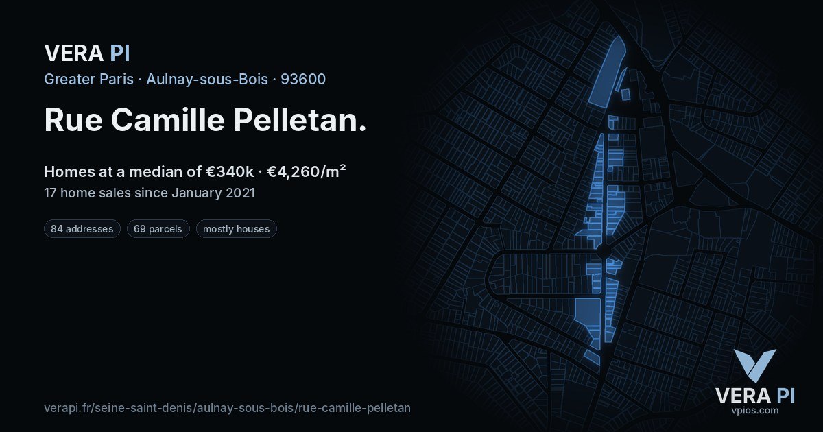 Rue Camille Pelletan, Aulnay-sous-Bois at night – every parcel coloured by the prices around it, the street's own parcels lit