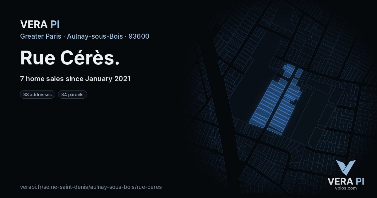 Rue Cérès, Aulnay-sous-Bois at night – every parcel coloured by the prices around it, the street's own parcels lit