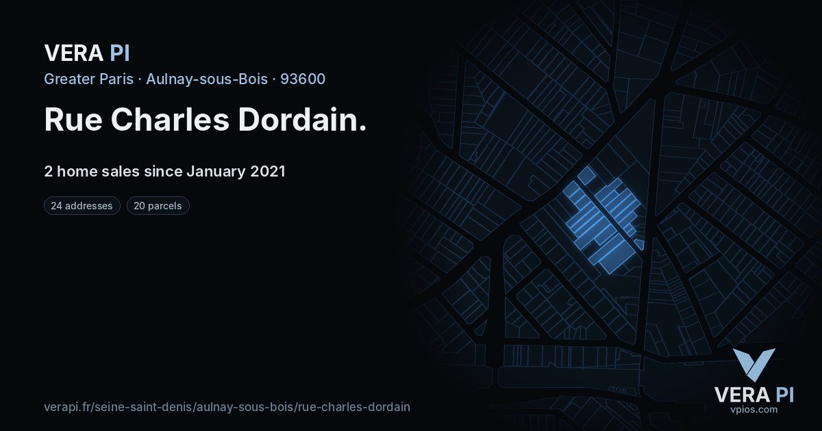 Rue Charles Dordain, Aulnay-sous-Bois at night – every parcel coloured by the prices around it, the street's own parcels lit