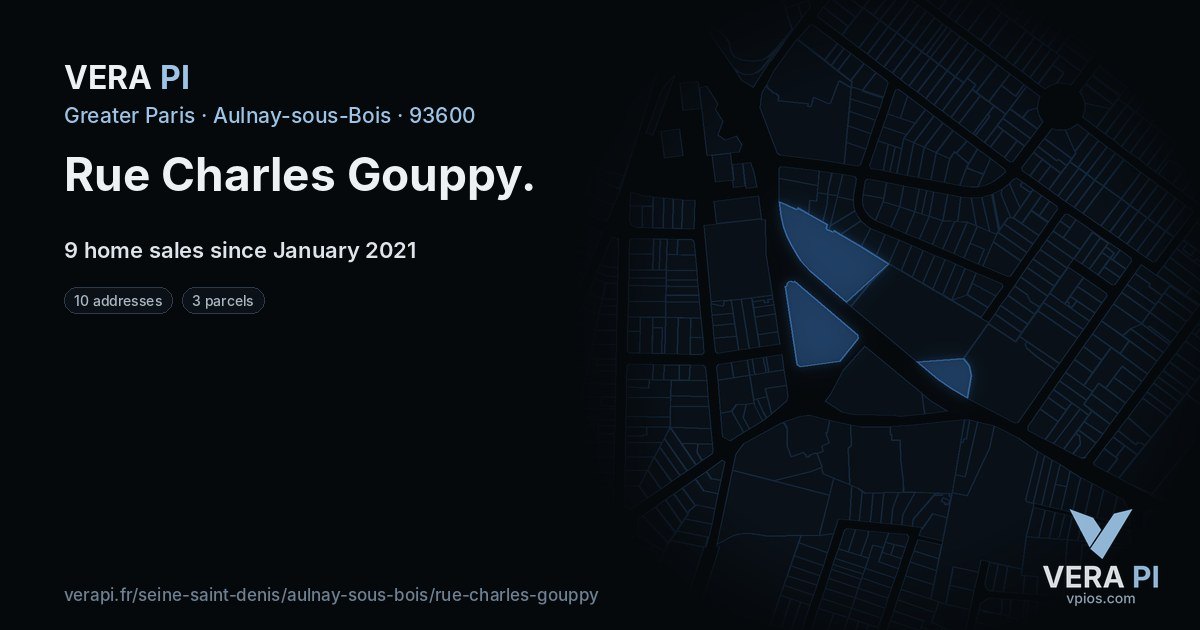 Rue Charles Gouppy, Aulnay-sous-Bois at night – every parcel coloured by the prices around it, the street's own parcels lit