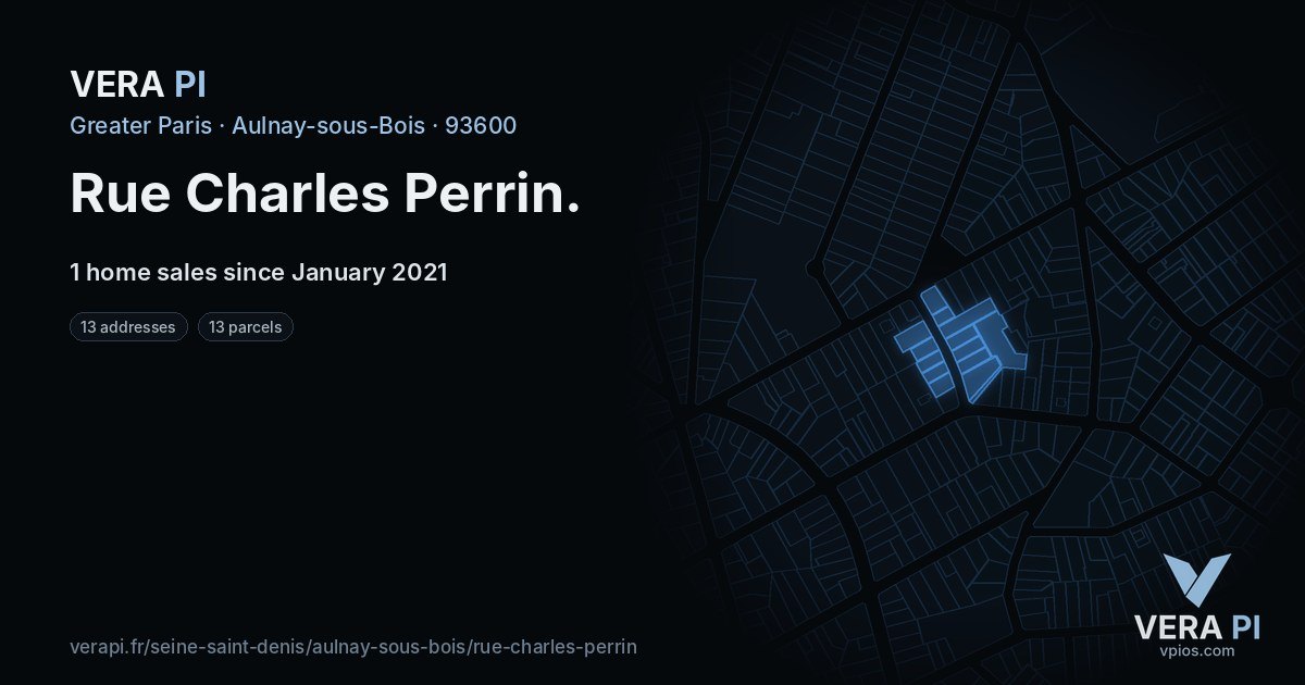Rue Charles Perrin, Aulnay-sous-Bois at night – every parcel coloured by the prices around it, the street's own parcels lit