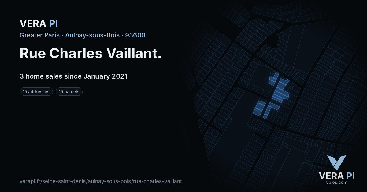 Rue Charles Vaillant, Aulnay-sous-Bois at night – every parcel coloured by the prices around it, the street's own parcels lit