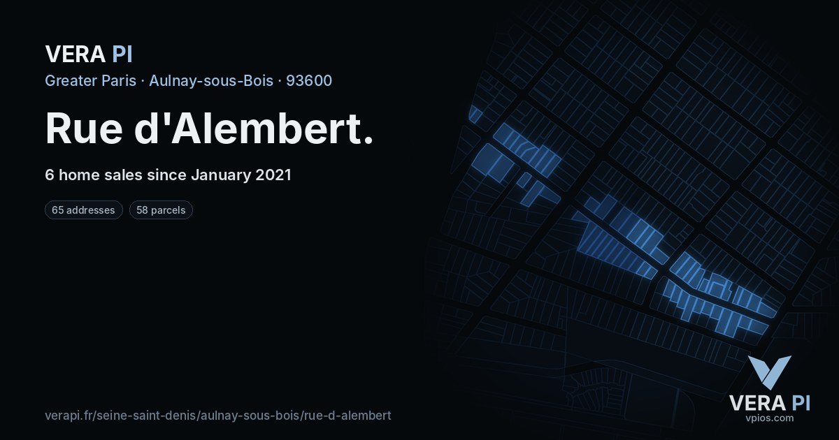 Rue d'Alembert, Aulnay-sous-Bois at night – every parcel coloured by the prices around it, the street's own parcels lit