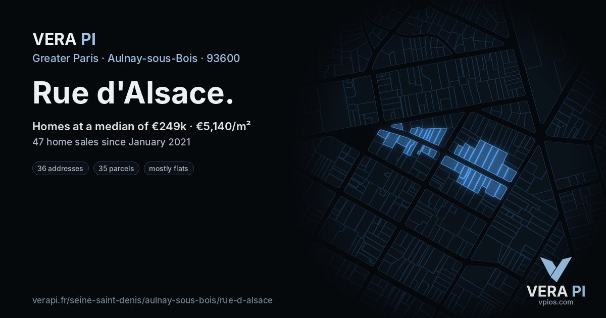 Rue d'Alsace, Aulnay-sous-Bois at night – every parcel coloured by the prices around it, the street's own parcels lit