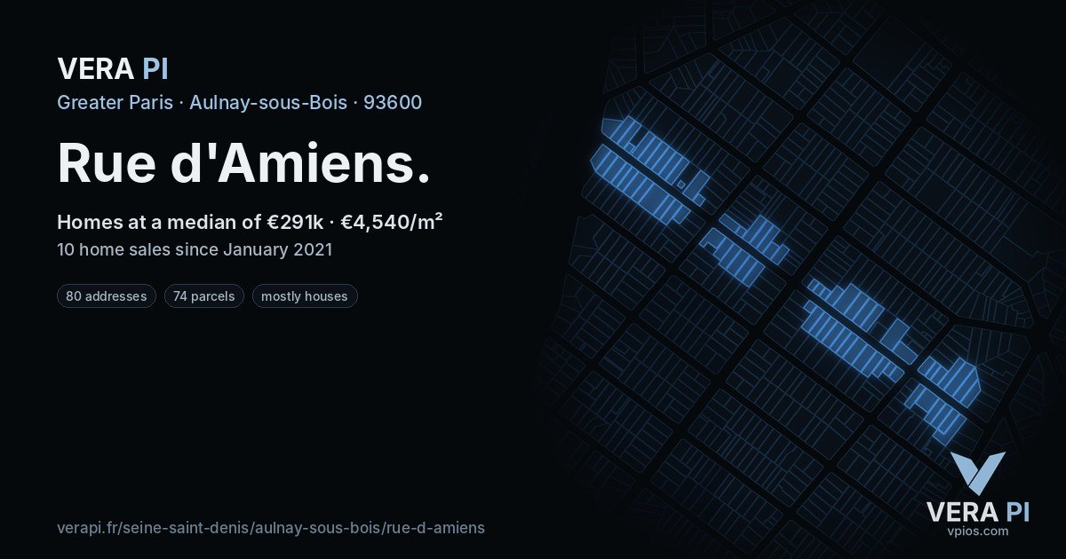 Rue d'Amiens, Aulnay-sous-Bois at night – every parcel coloured by the prices around it, the street's own parcels lit