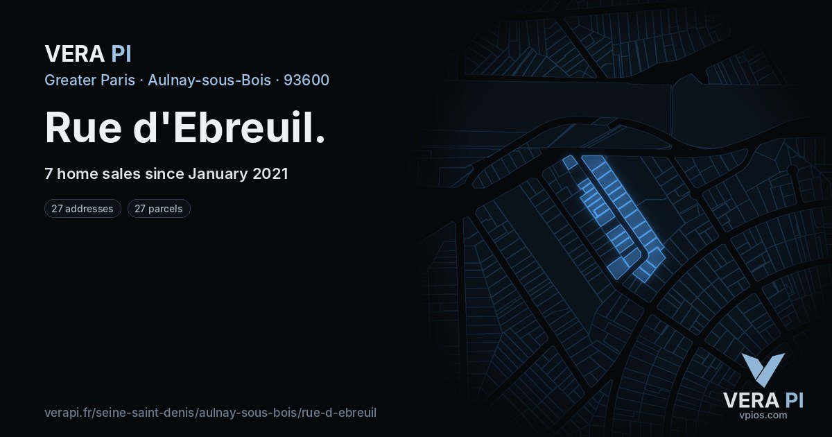 Rue d'Ebreuil, Aulnay-sous-Bois at night – every parcel coloured by the prices around it, the street's own parcels lit