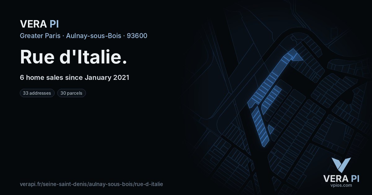 Rue d'Italie, Aulnay-sous-Bois at night – every parcel coloured by the prices around it, the street's own parcels lit