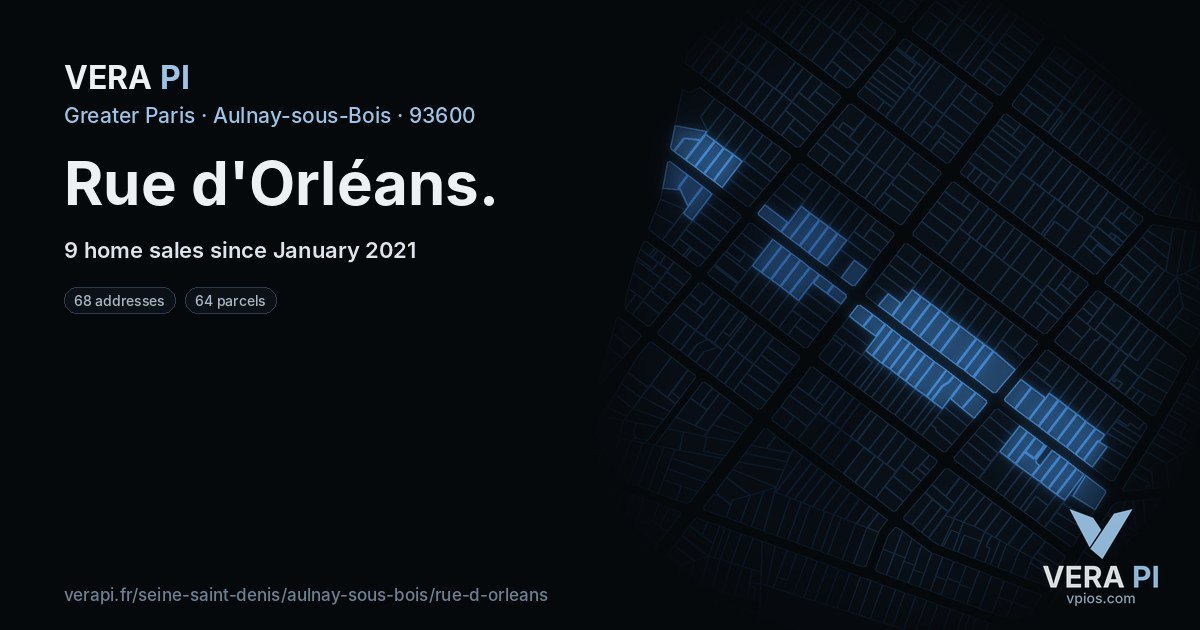 Rue d'Orléans, Aulnay-sous-Bois at night – every parcel coloured by the prices around it, the street's own parcels lit