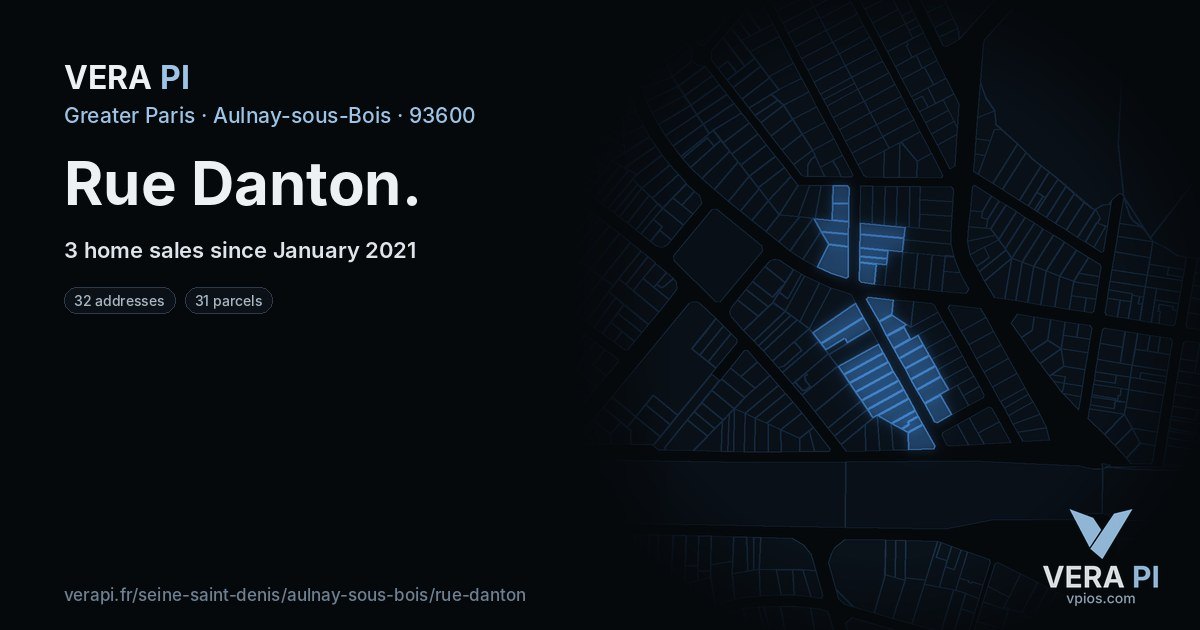 Rue Danton, Aulnay-sous-Bois at night – every parcel coloured by the prices around it, the street's own parcels lit