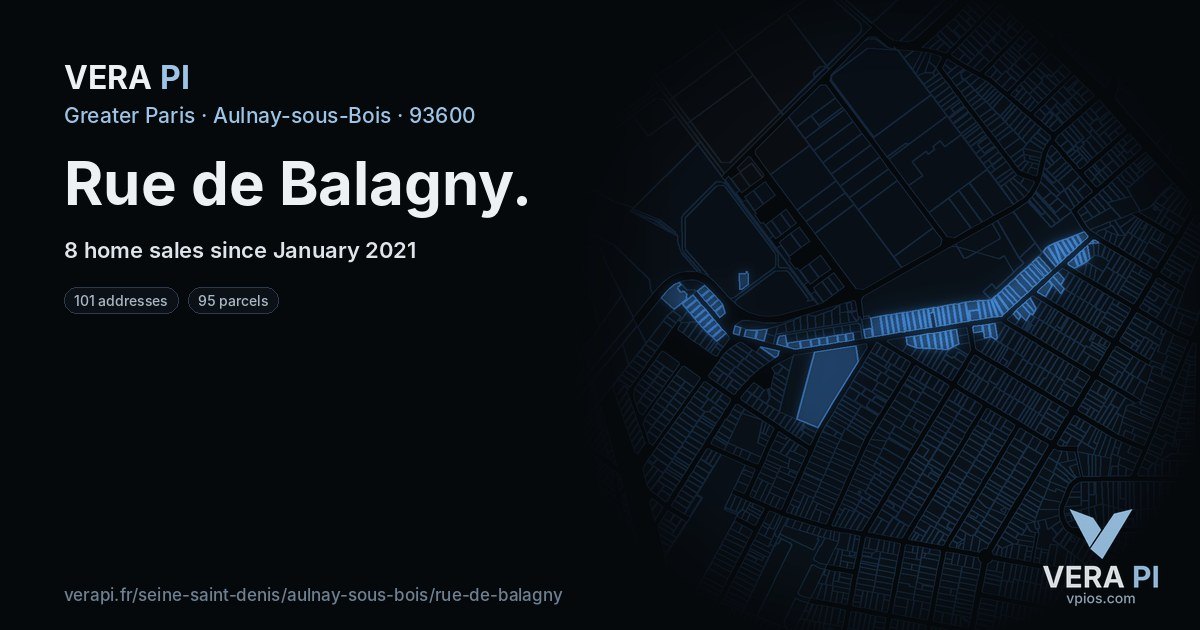 Rue de Balagny, Aulnay-sous-Bois at night – every parcel coloured by the prices around it, the street's own parcels lit