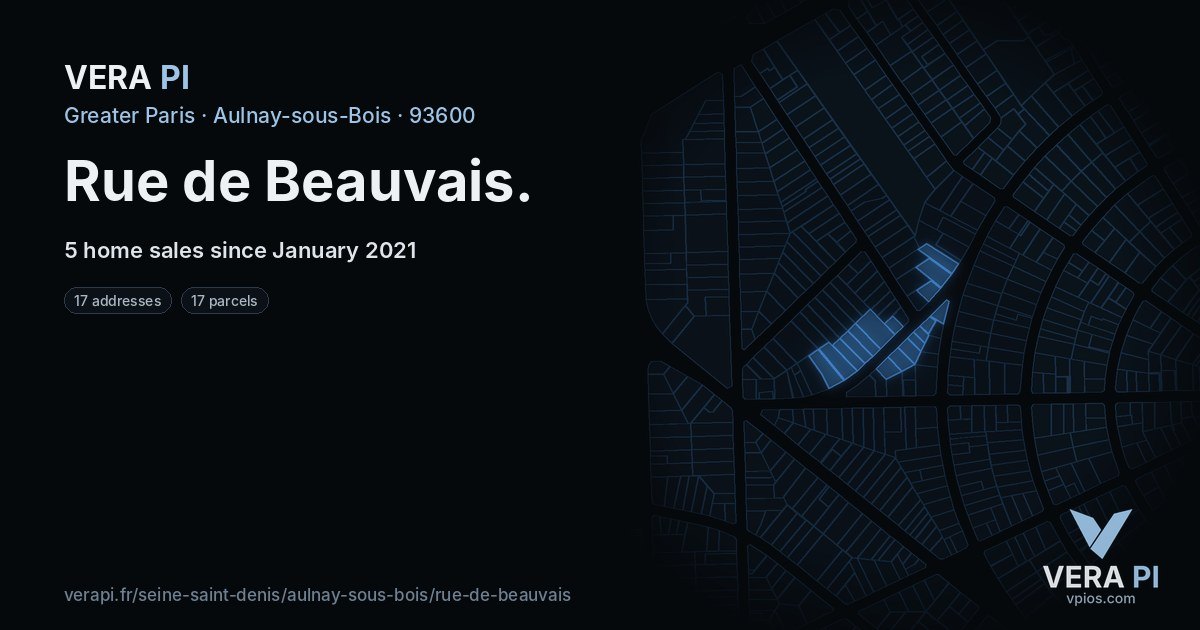 Rue de Beauvais, Aulnay-sous-Bois at night – every parcel coloured by the prices around it, the street's own parcels lit