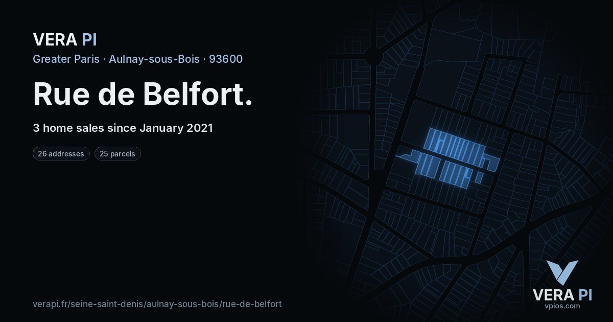 Rue de Belfort, Aulnay-sous-Bois at night – every parcel coloured by the prices around it, the street's own parcels lit