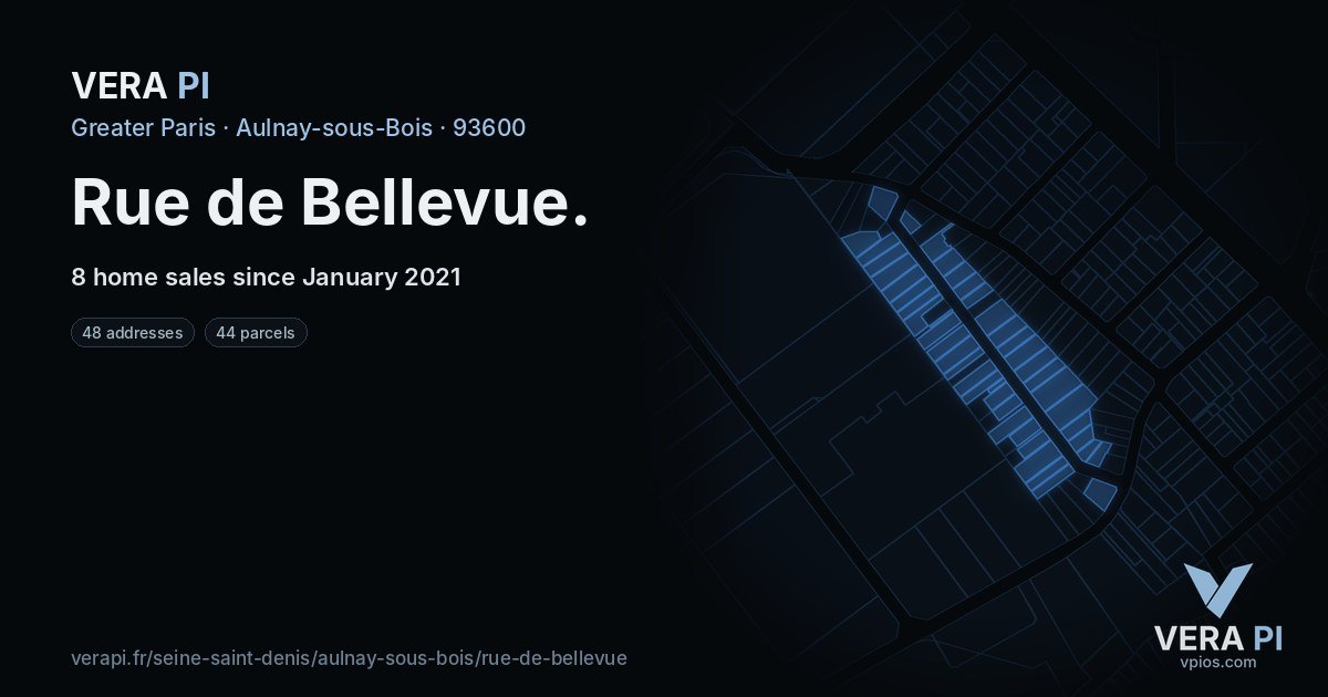 Rue de Bellevue, Aulnay-sous-Bois at night – every parcel coloured by the prices around it, the street's own parcels lit