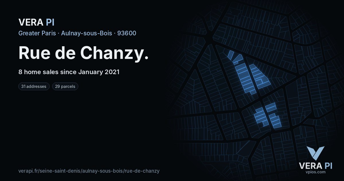 Rue de Chanzy, Aulnay-sous-Bois at night – every parcel coloured by the prices around it, the street's own parcels lit