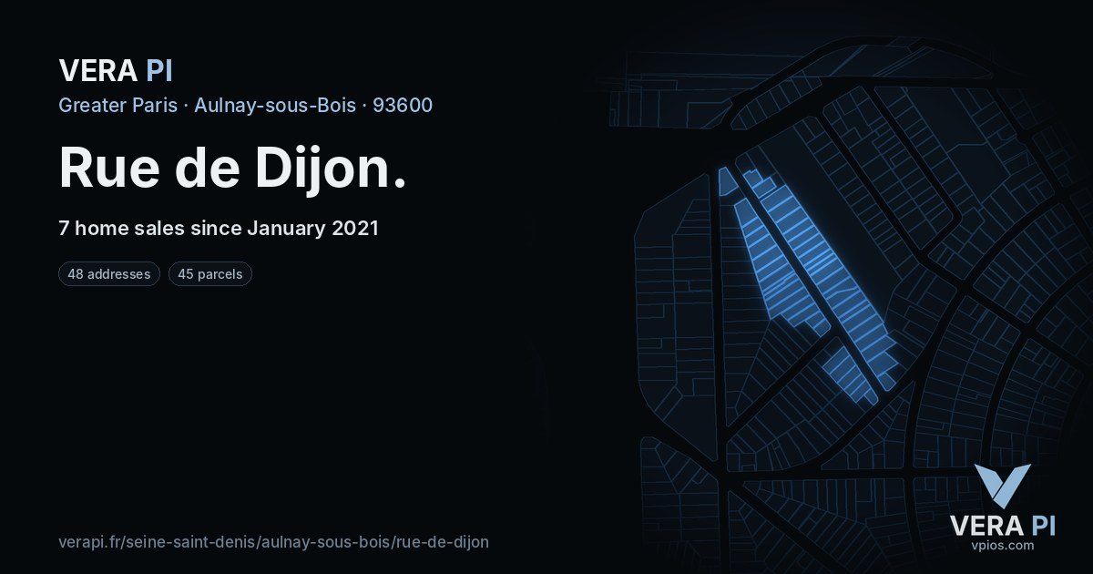 Rue de Dijon, Aulnay-sous-Bois at night – every parcel coloured by the prices around it, the street's own parcels lit