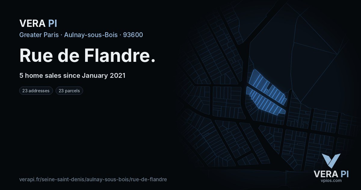 Rue de Flandre, Aulnay-sous-Bois at night – every parcel coloured by the prices around it, the street's own parcels lit