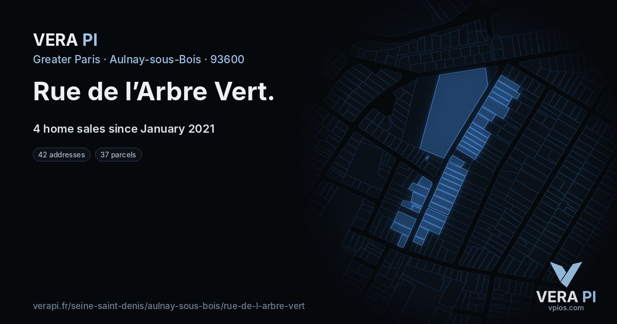 Rue de l’Arbre Vert, Aulnay-sous-Bois at night – every parcel coloured by the prices around it, the street's own parcels lit