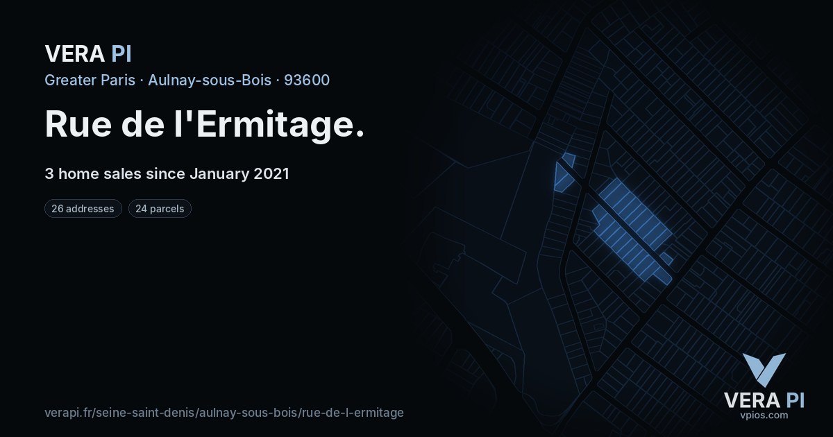 Rue de l'Ermitage, Aulnay-sous-Bois at night – every parcel coloured by the prices around it, the street's own parcels lit