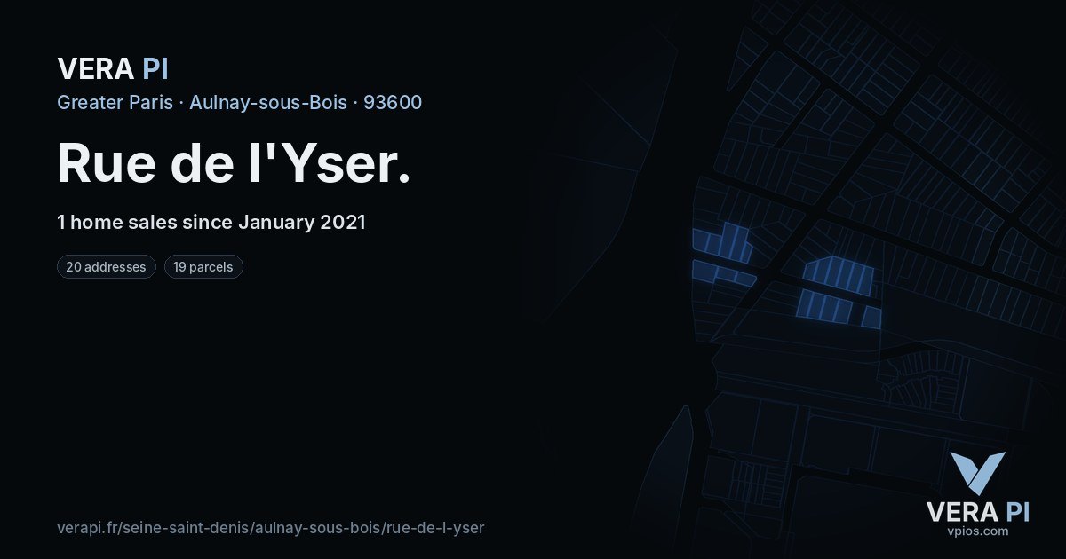 Rue de l'Yser, Aulnay-sous-Bois at night – every parcel coloured by the prices around it, the street's own parcels lit