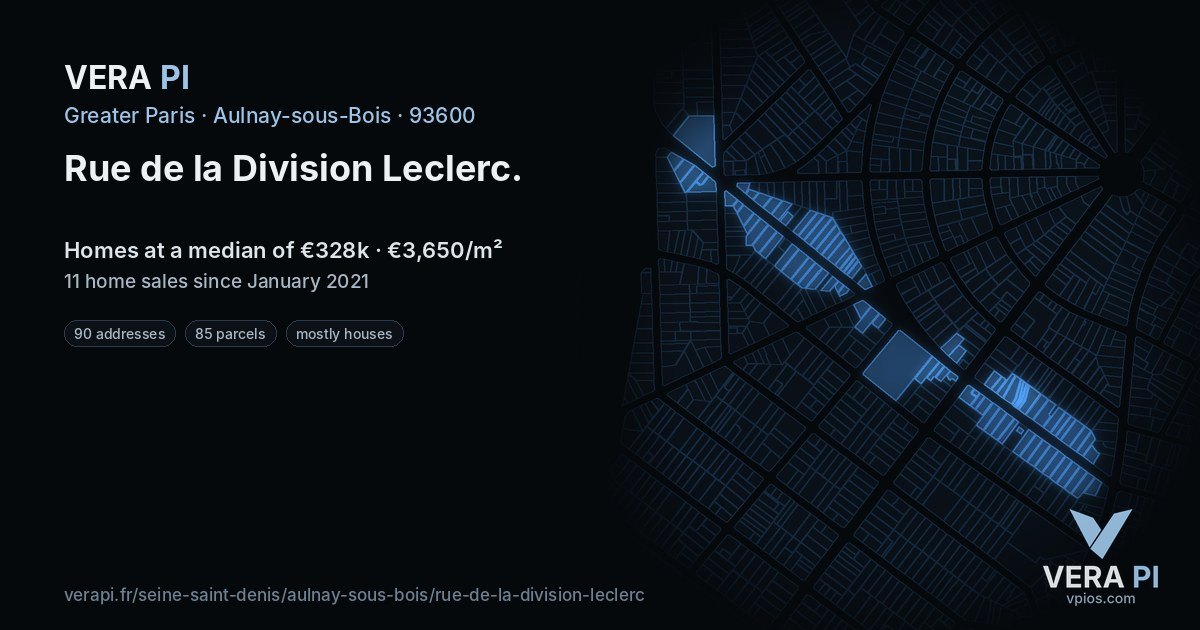 Rue de la Division Leclerc, Aulnay-sous-Bois at night – every parcel coloured by the prices around it, the street's own parcels lit