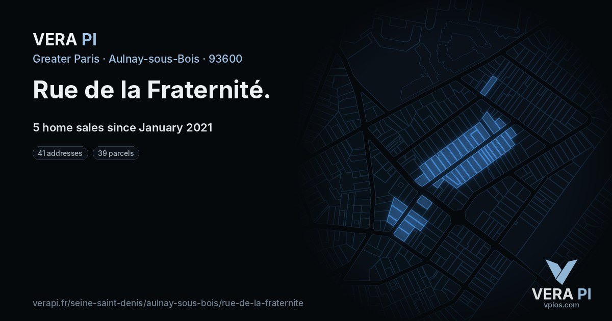 Rue de la Fraternité, Aulnay-sous-Bois at night – every parcel coloured by the prices around it, the street's own parcels lit