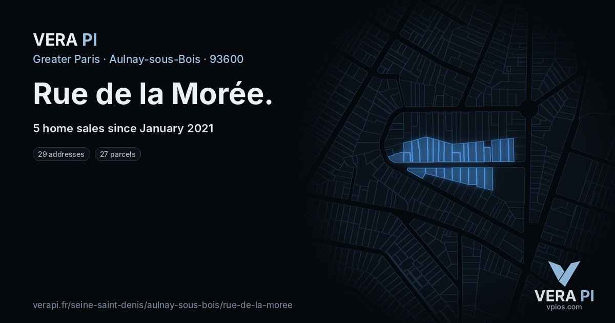 Rue de la Morée, Aulnay-sous-Bois at night – every parcel coloured by the prices around it, the street's own parcels lit
