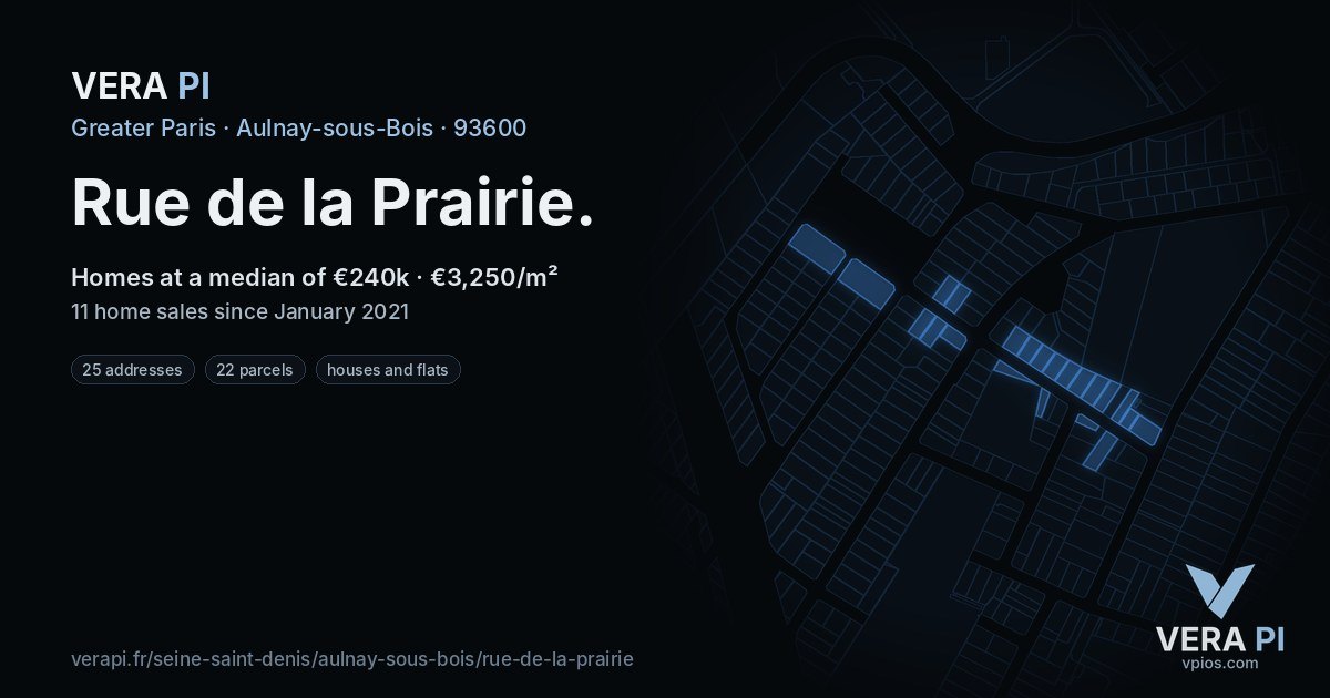 Rue de la Prairie, Aulnay-sous-Bois at night – every parcel coloured by the prices around it, the street's own parcels lit