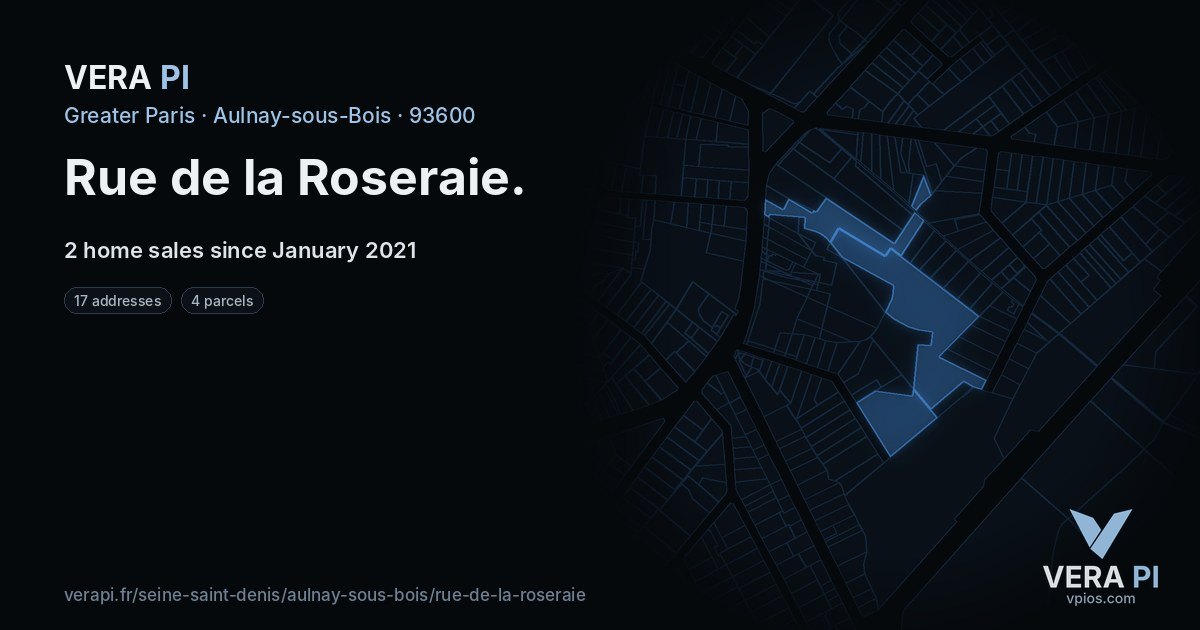 Rue de la Roseraie, Aulnay-sous-Bois at night – every parcel coloured by the prices around it, the street's own parcels lit