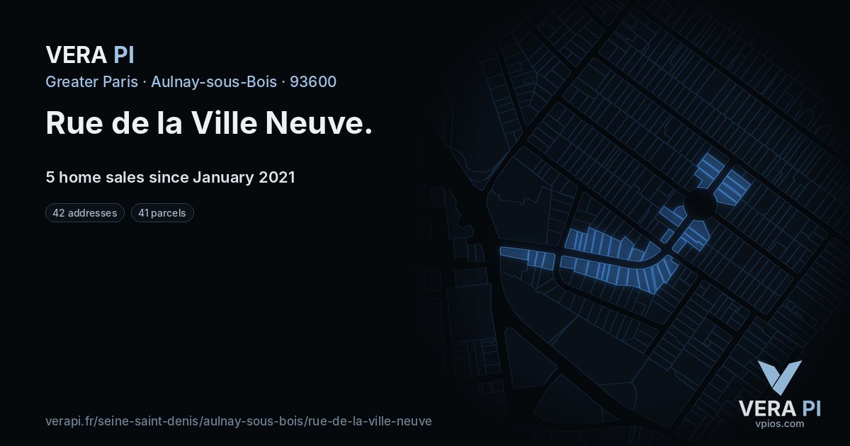 Rue de la Ville Neuve, Aulnay-sous-Bois at night – every parcel coloured by the prices around it, the street's own parcels lit