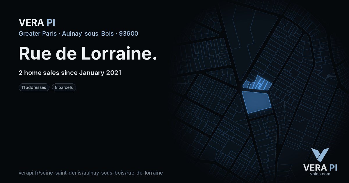 Rue de Lorraine, Aulnay-sous-Bois at night – every parcel coloured by the prices around it, the street's own parcels lit