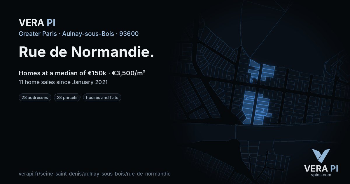 Rue de Normandie, Aulnay-sous-Bois at night – every parcel coloured by the prices around it, the street's own parcels lit